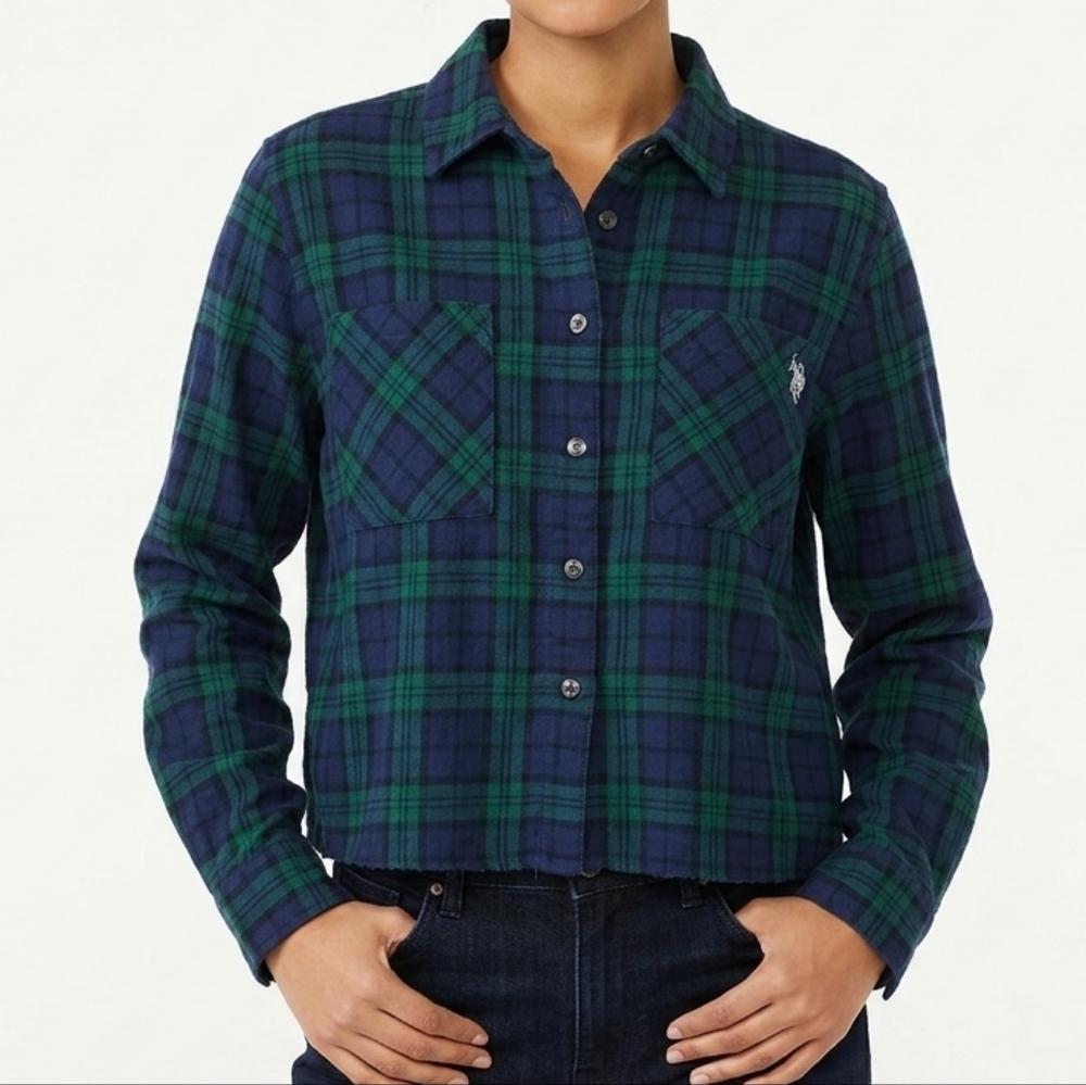 ​U.S. Polo Assn. Women's L Flannel Shirt Blue Green Plaid 100% Cotton Soft